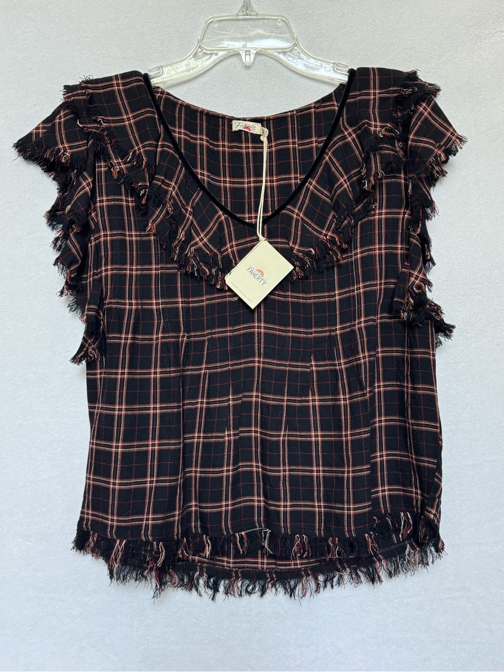 NWT Fatherly Yosepha Black Plaid Blouse Medium Short Sleeve Fringe Boho Peasant